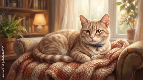 Domestic Cat Resting on Sofa Indoors.