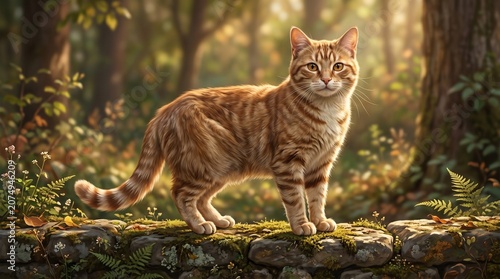 Orange Tabby Cat in Forest Environment.