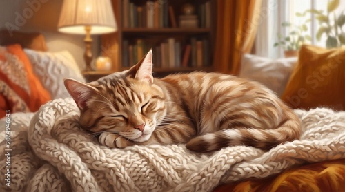 Sleeping Tabby Cat on Blanket.