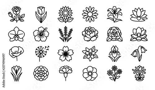 Beautiful Flower Outline Icon Set Vector Collection for UI Apps Books Cards and Web Design with Editable Stroke on White Background