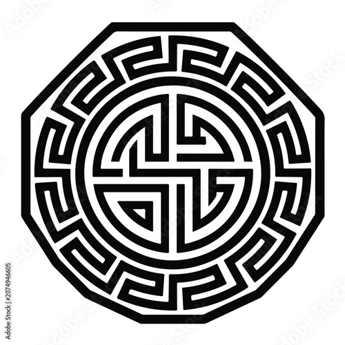 Symmetrical black white geometric mandala featuring ancient Greek key patterns and central labyrinthine motif within an octagonal illustration