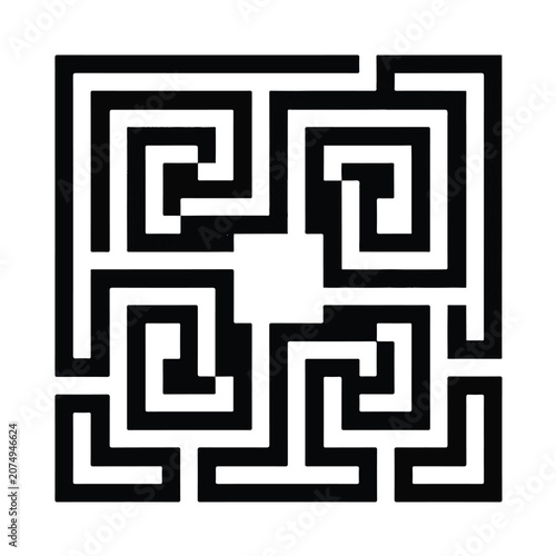 Square black and white geometric labyrinth puzzle with intricate symmetrical paths and a central open space minimalist vector illustration