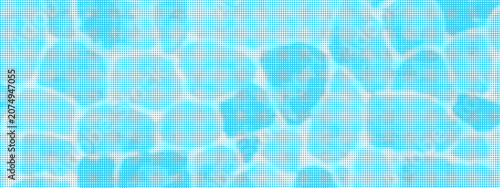 Blue halftone water surface with ripple waves and sunlight reflection. Ocean, sea or pool water top view with dot retro photocopy and comic bitmap texture. Halftone summer backdrop. Collage vector bg