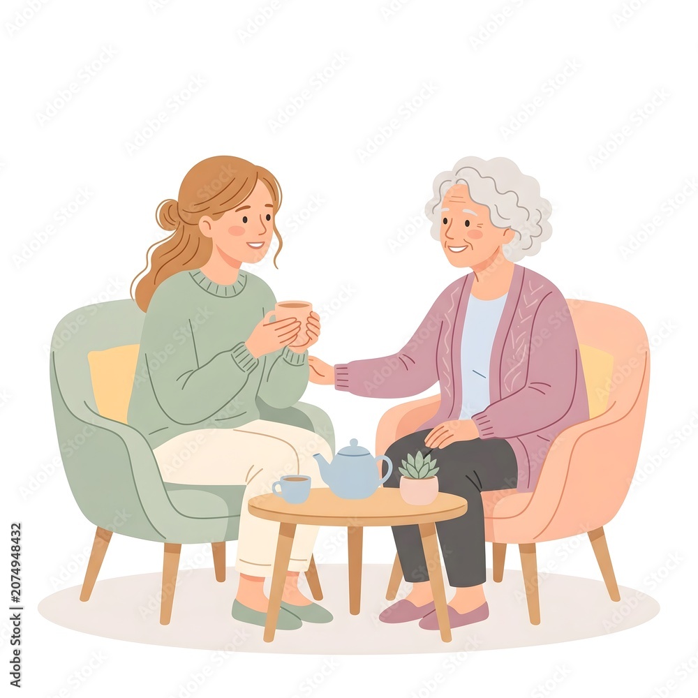 Fototapeta premium Minimalist vector illustration of mother and daughter talking at cafe