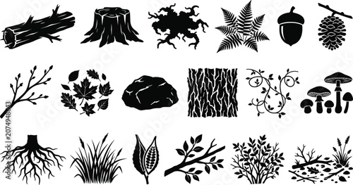 Canvastavla Forest Nature and Woodland Elements Black Silhouette Icon Set with Log, Stump, F