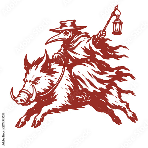 Tablou pe pânză A plague doctor on a boar with a lantern is a terrifying and eerie scene from a dark fantasy world