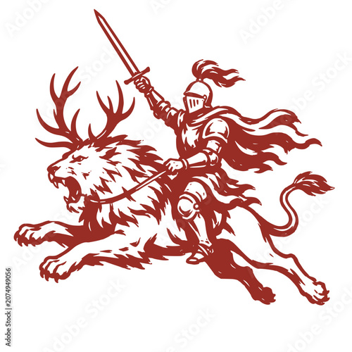 Fotografie A brave knight in armor rides a powerful lion while holding a sword aloft in a dynamic pose