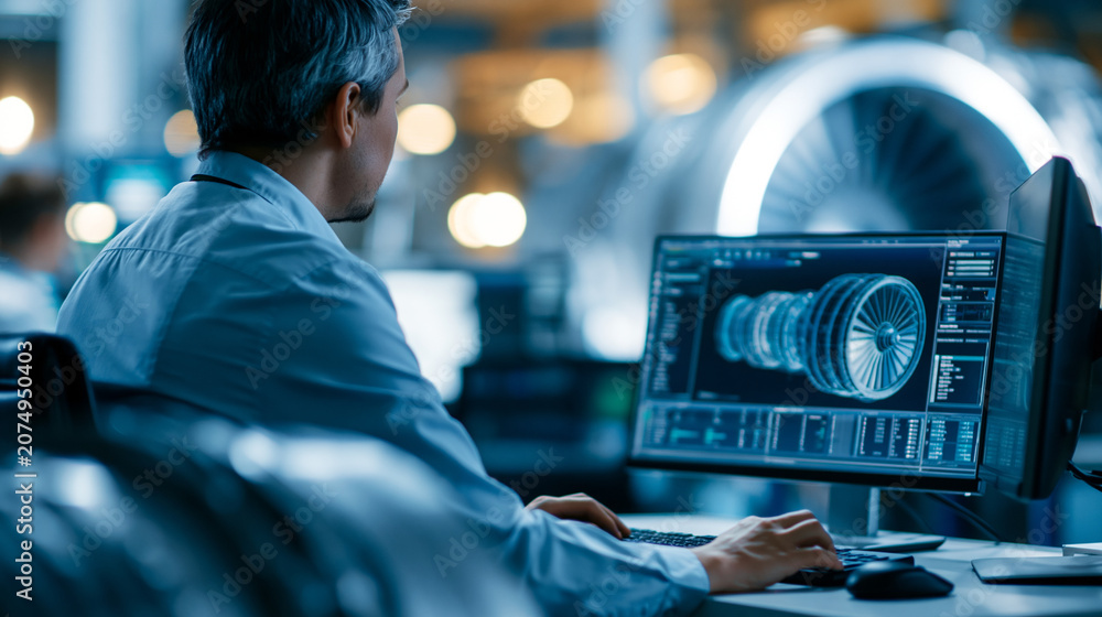 Fototapeta premium Faceless industrial designer working on CAD software on a desktop computer in a turbine engine startup facility, researching and developing high-tech engine technology, defocused