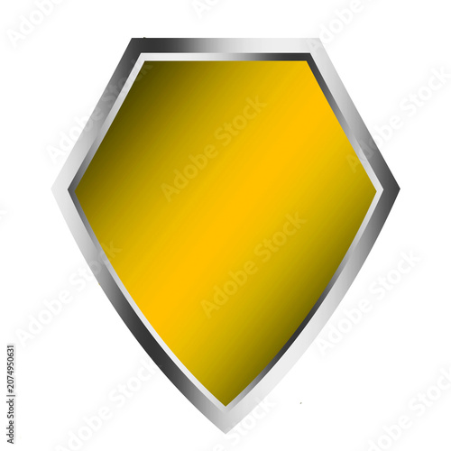 Silver yellow metal guard shield shape objects isolated on white background	