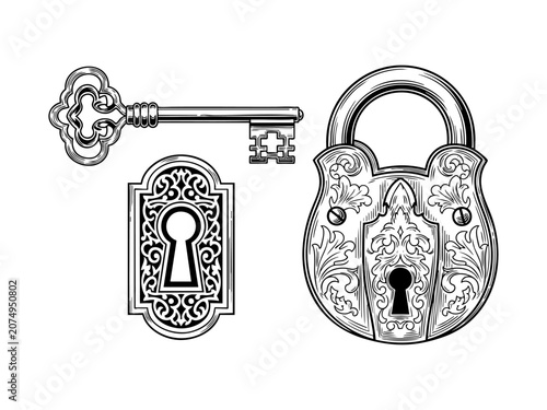 Vintage key, keyhole and lock set or victorian padlock elements vector illustration