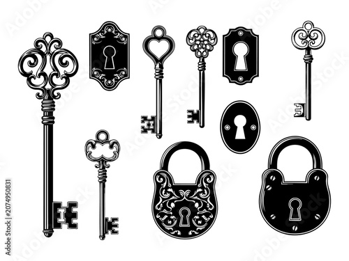 Vintage key, keyhole and lock set or victorian padlock elements vector illustration