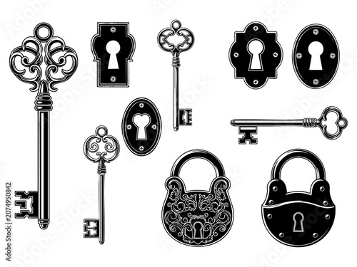 Vintage key, keyhole and lock set or victorian padlock elements vector illustration