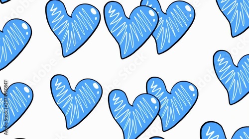 Animated Hand-Drawn Blue Hearts Pattern on White Background, Quirky Doodle Sketch Heart Shapes Falling Looping Animation