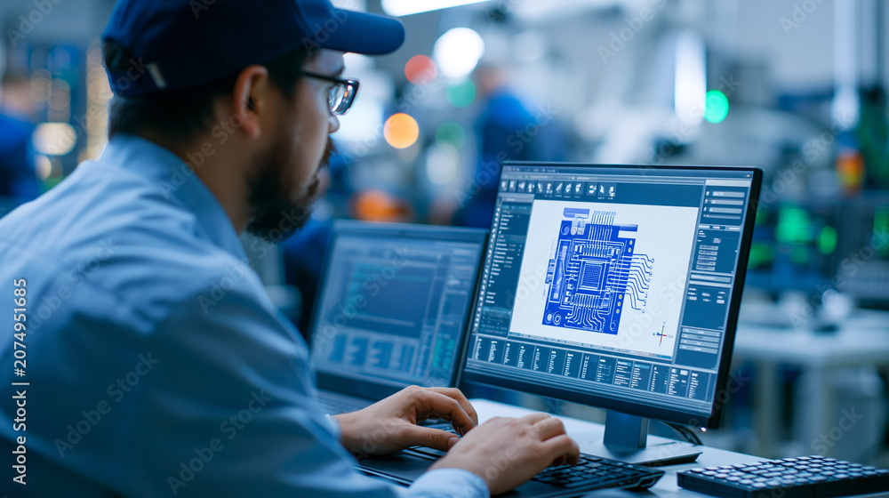 Fototapeta premium Faceless portrait of a handsome Hispanic industrial engineer developing a 3D circuit motherboard model on CAD software in a factory, modern technological research center,