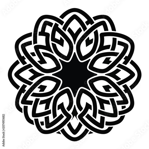 Black and white circular Celtic knot ornament with intricate interlocking lines and a symmetrical radial pattern for decorative