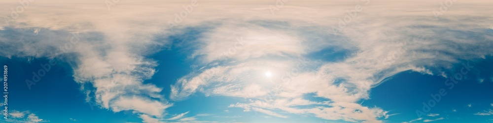 Fototapeta premium Sky panorama clouds 360 degree equirectangular spherical map of blue sky with white clouds for 3D environment rendering