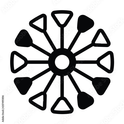 Minimalist black and white radial geometric pattern with stylized triangular shapes arranged in a circular formation on white background.