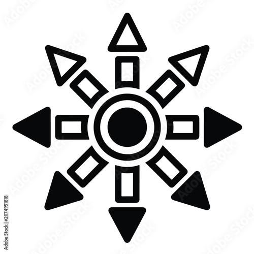 Minimalist black and white radial star symbol featuring eight directional arrows expanding outward from a central circular core.