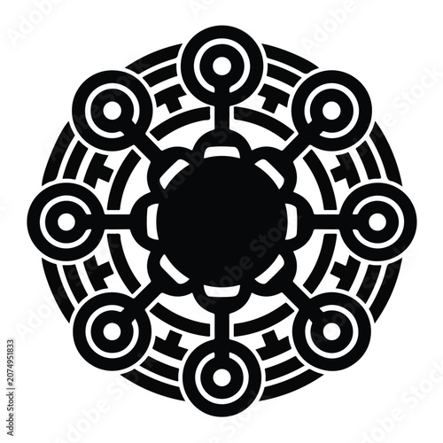 A black and white radial geometric pattern with concentric circles and symmetric nodes isolated on a plain white background