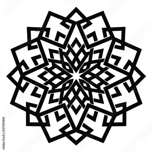 Symmetrical black geometric radial pattern featuring interlocking squares and intricate lines arranged in a decorative circular mandala ornament