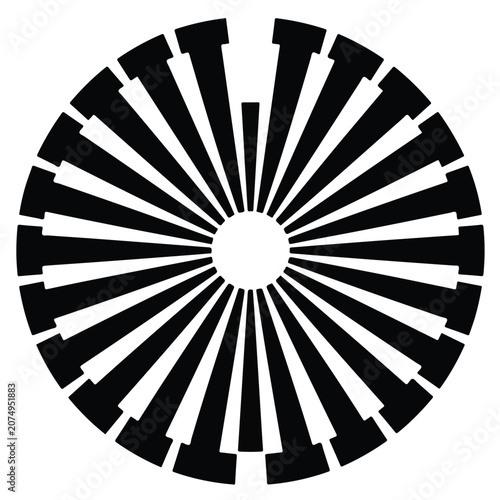 Symmetrical black and white radial circular geometric pattern with spoke like rays and central white circle for minimalist