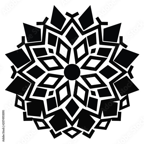 Symmetrical black and white radial geometric mandala design featuring diamond and triangle shapes on a clean white background.