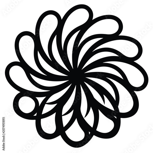 Black and white minimalist radial pattern featuring symmetrical curved lines creating abstract floral geometric design on white background