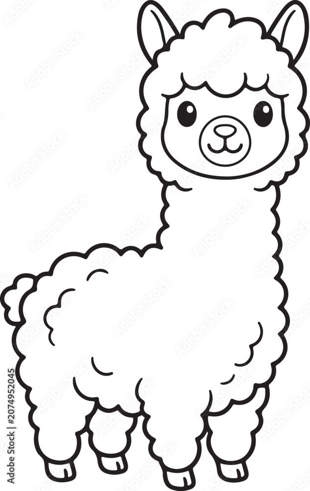 Fototapeta premium Cute cartoon alpaca coloring page, baby llama vector line art for kids.