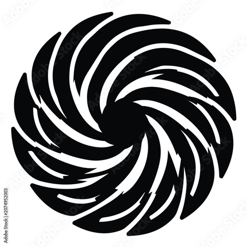 Black and white radial spiral pattern with curved blades creating a dynamic circular vortex motion isolated on background