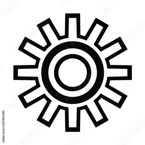 A minimalistic black white geometric gear icon featuring concentric circles and twelve rectangular teeth on a plain background