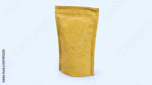 Rotating Blank Brown Kraft Paper Stand-Up Pouch on White Background, 360 Degree Packaging Mockup