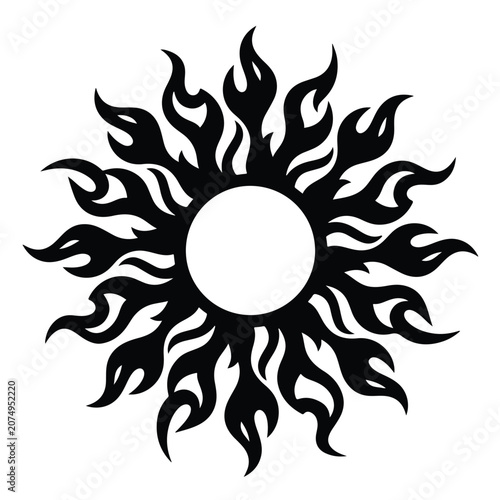 Monochrome tribal sunburst symbol depicting stylized fire flames radiating outward from circular center point in balanced symmetrical radial