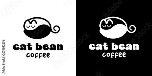 Cute Sleeping Cat Coffee Logo Design, Minimal Animal Cafe Mascot, Modern Black and White Vector Icon
