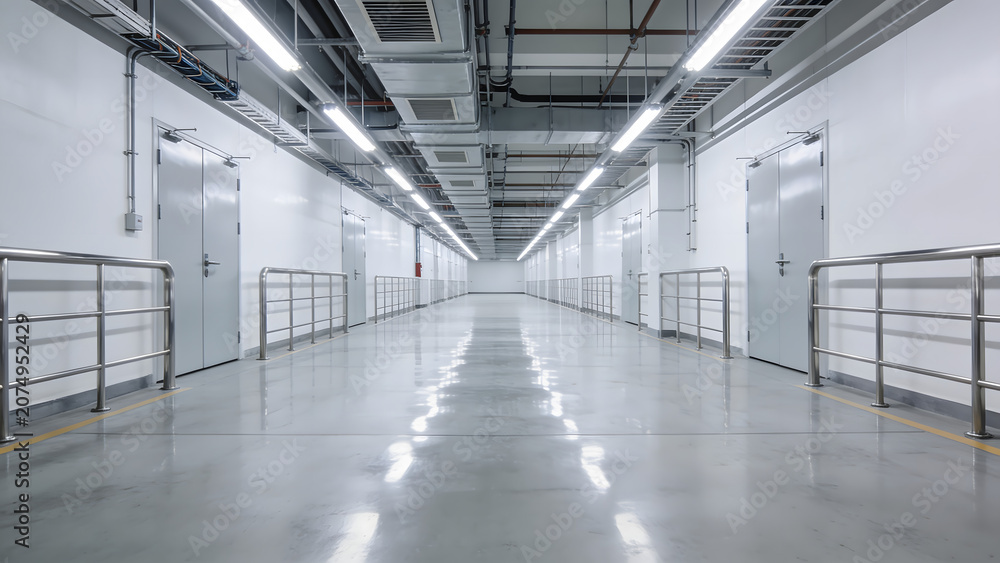 Obraz premium Empty Manufacturing Facility Corridor with LED Lighting