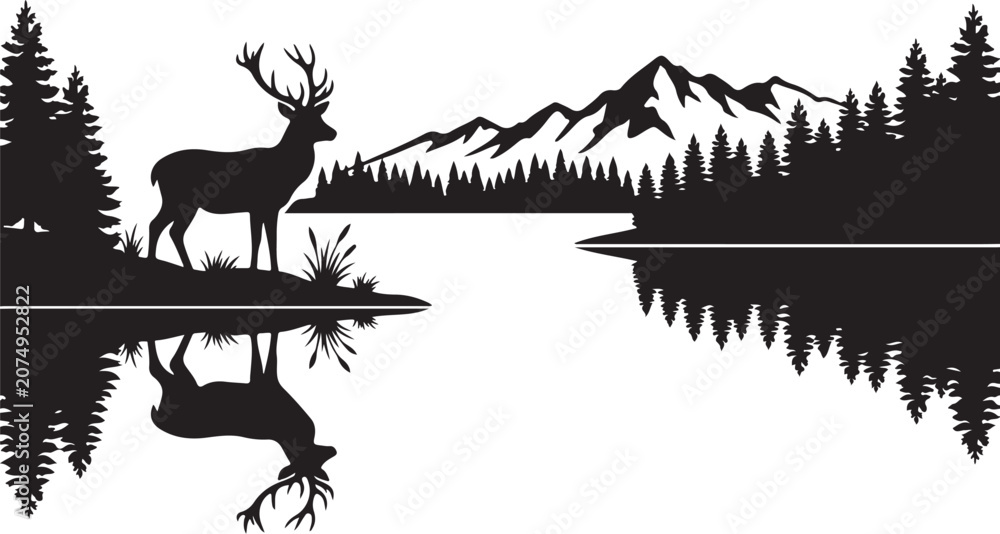 Fototapeta premium Deer silhouette, mountain landscape, lake reflection, wildlife scene, black icon, vector graphic