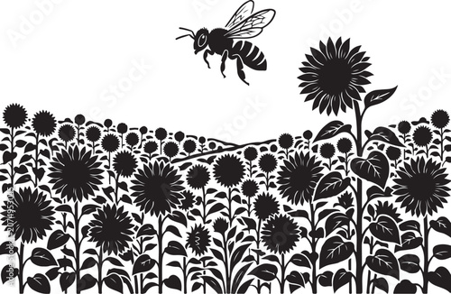 Black bee flying over flower field, floral pattern, insect silhouette, vector illustration
