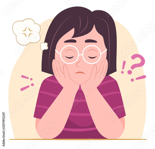 Pupil Kid Girl Sitting with Her Chin on Her Hands with Stress Emotion and Overthinking for Exhausted, Confused and Mental Health Concept Illustration Clip Art