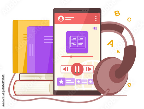 Online Audio Book Application on Smartphone Connected with Headphones for Online Education, E-Learning and Podcast Concept Illustration