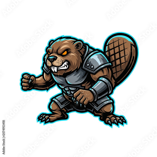 Cartoon beaver in metal armor gear.