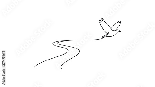 Minimalist continuous line drawing of a bird flying away from a winding path.