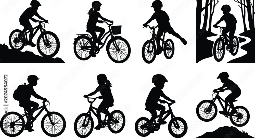 Obraz premium Children cycling silhouettes in playful poses with bikes and outdoor activities