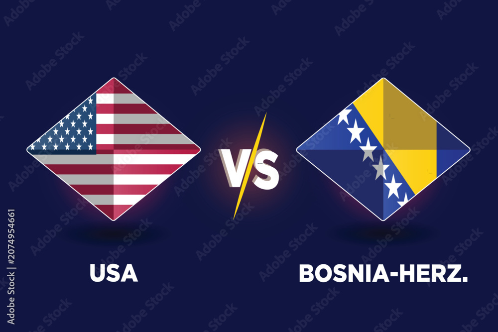 Obraz premium USA vs Bosnia and Herzegovina football match scoreboard broadcast template for FIFA World Cup 2026.