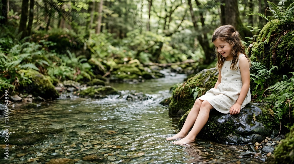 Fototapeta premium A happy young girl sitting on a rock by a small mountain forest stream