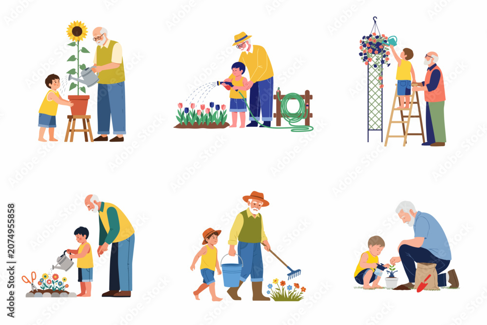 Fototapeta premium Set of flat illustrations showing a grandfather and grandson gardening together, watering plants, and bonding outdoors in the springtime.