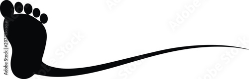 Stylized black footprint vector graphic, abstract human foot silhouette with a trailing line, minimalist design element for health, wellness, and movement concepts