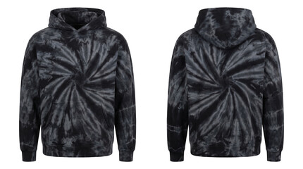 Oversized Black and Dark Grey Spiral Tie Dye Pullover Hoodie Mockup Front and Back View isolated on plain background