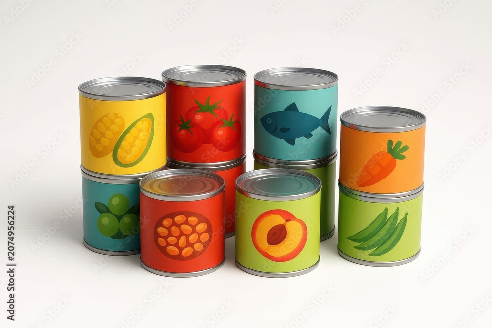 Obraz premium Assorted canned food collection for emergency pantry supplies and long term storage