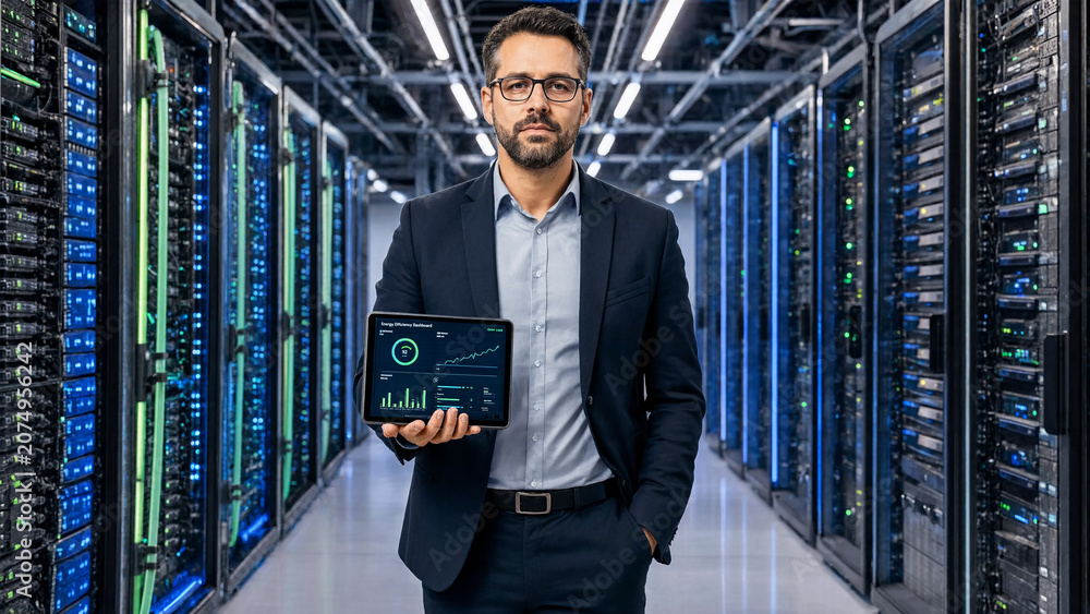 Fototapeta premium Professional it manager holding tablet with data analytics in server room