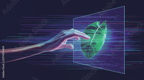 AI Generative. Human hand touching green leaf on digital screen interface, concept of green technology and digital ecology. 2
