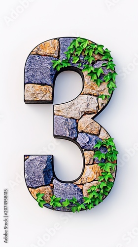 Number Three Made of Stone and Ivy Isolated on White